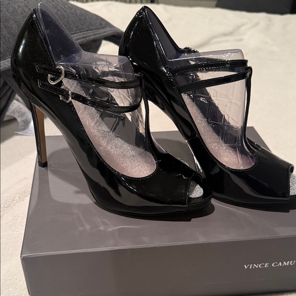 Vince Camuto Glossy Black Peep Toe Heels